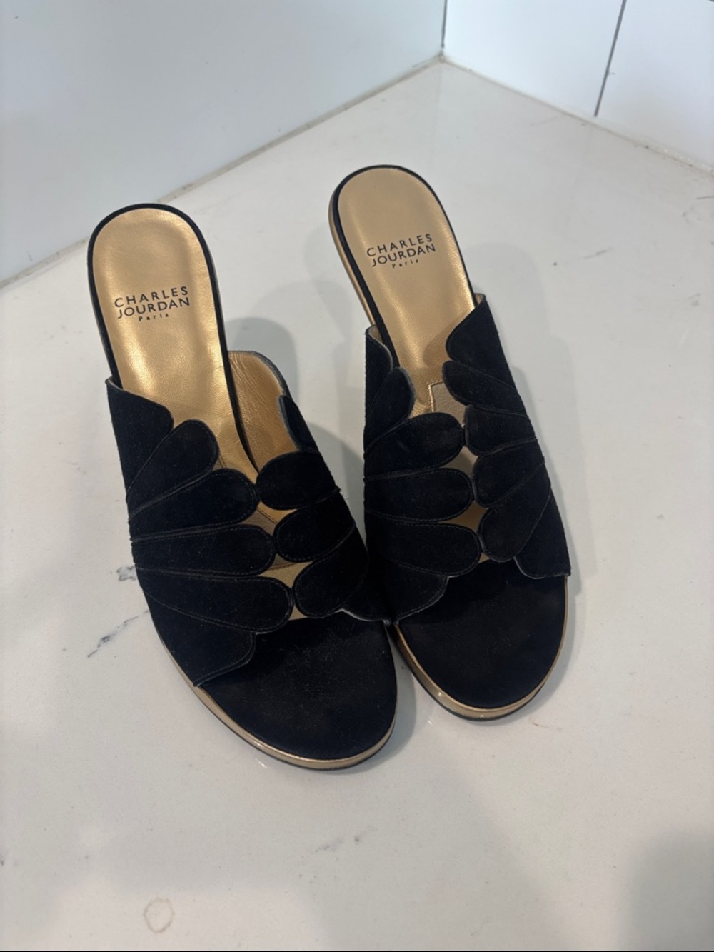 Charles Jourdan Black Suede Scalloped Slide Mules with Gold Footbed